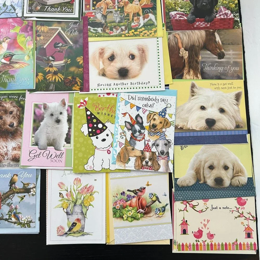 Mixed Lot of 28 Greeting Cards w/ Envelope Dogs Puppies Cats Kittens and Birds
